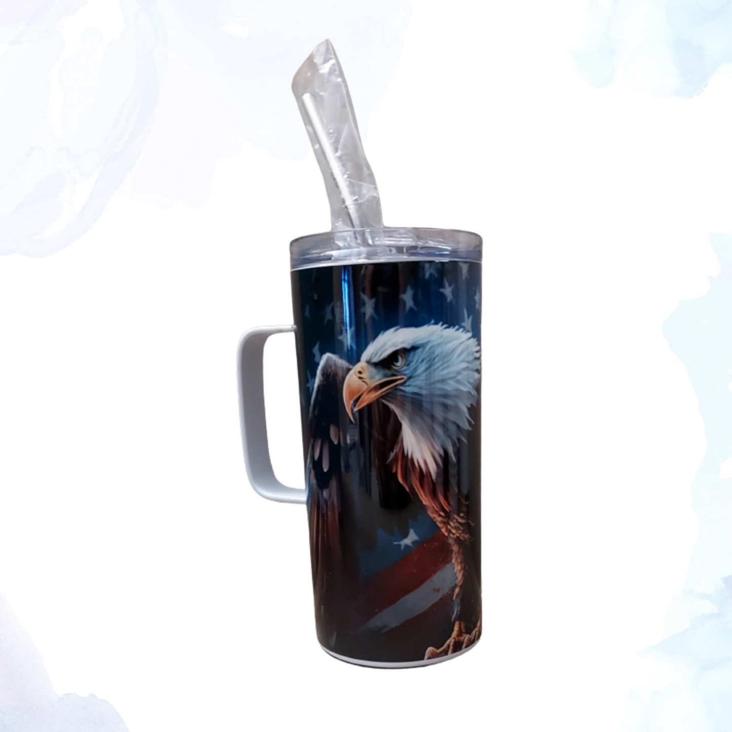 Show off your American pride with our 16 oz. handled patriotic stainless steel mug, featuring a bold and striking design of an eagle and the American flag. Crafted from high-quality stainless steel, this mug combines durability with a timeless aesthetic, making it perfect for both hot and cold beverages. The ergonomic handle ensures a comfortable grip, while the double-walled insulation keeps your drinks at the desired temperature for longer.