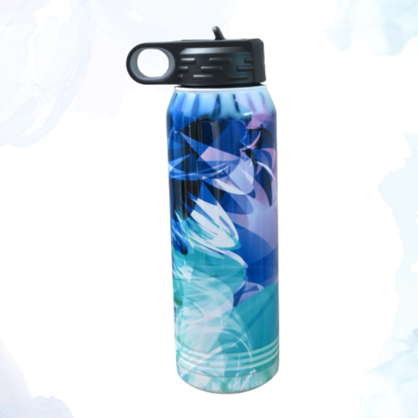 Imagine a sleek 30 oz. stainless steel water bottle adorned with a mesmerizing abstract design in shades of blue, purple, and aqua. Waves of color swirl gracefully around the bottle, blending seamlessly into each other like a tranquil ocean meeting a twilight sky.