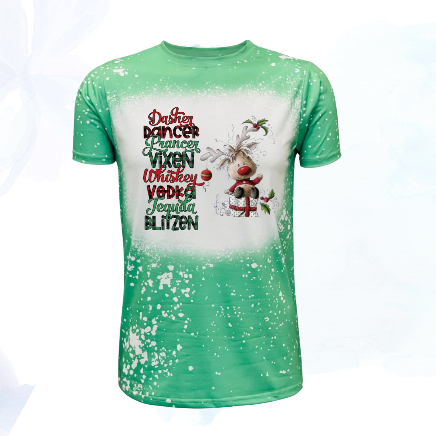 Christmas is a time for fun, parties and celebrating. You will be in the holiday spirit with this fun holiday themed faux bleached t-shirt. Introducing the "Dasher, Dancer, Prancer, Vixen, Whiskey, Vodka, Tequila, Blitzen Faux Bleached Tee," where festive spirit meets modern style. This unique tee blends classic holiday cheer with contemporary fashion, making it a must-have for every celebration.