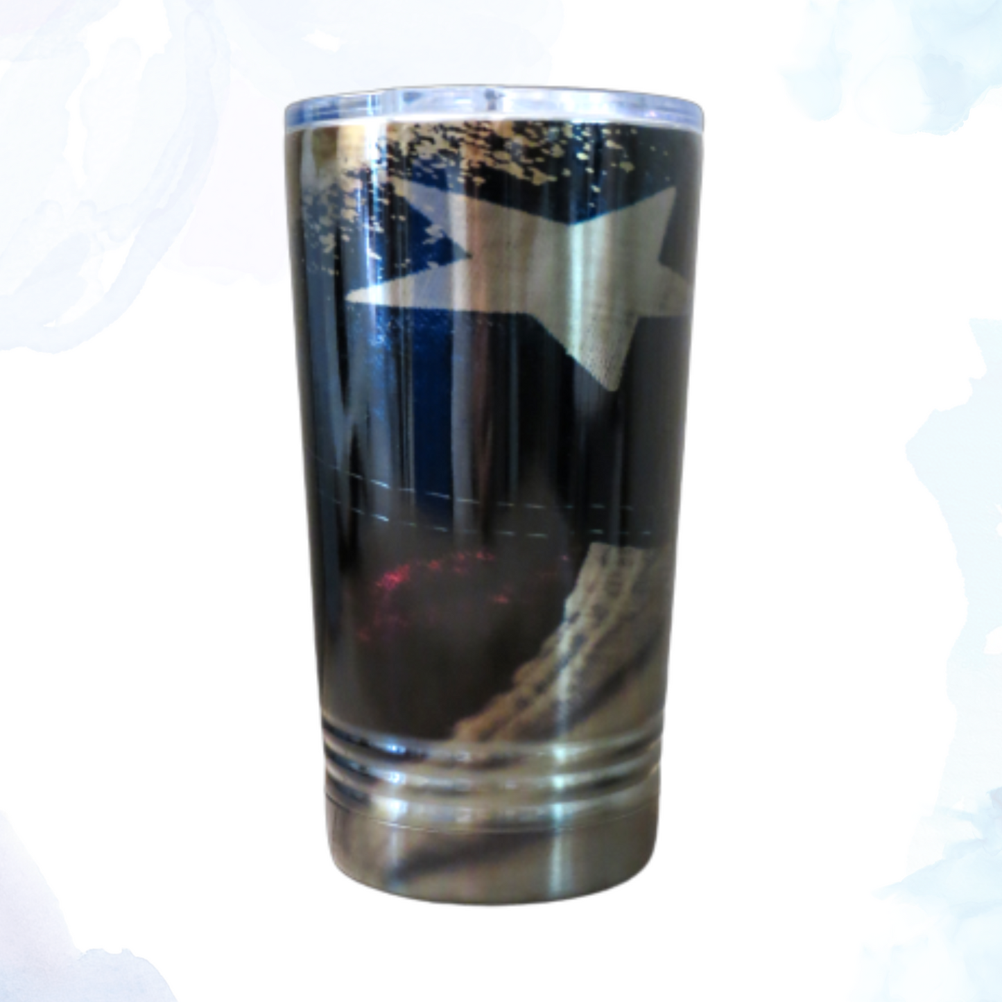 A 16 oz. stainless steel tumbler with a distressed American flag design. This tumbler features a weathered flag print that adds a vintage, patriotic touch. The durable stainless steel construction keeps beverages at the desired temperature for longer. Perfect for showing American pride while enjoying drinks on the go. Ideal for both hot and cold beverages.