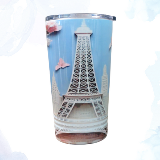 A 16 oz. stainless steel tumbler featuring a stylish design of the Eiffel Tower. This elegant tumbler showcases the iconic Parisian landmark in intricate detail. Made from durable stainless steel, it keeps beverages hot or cold for extended periods. Perfect for bringing a touch of Parisian charm to your daily routine while enjoying drinks on the go.
