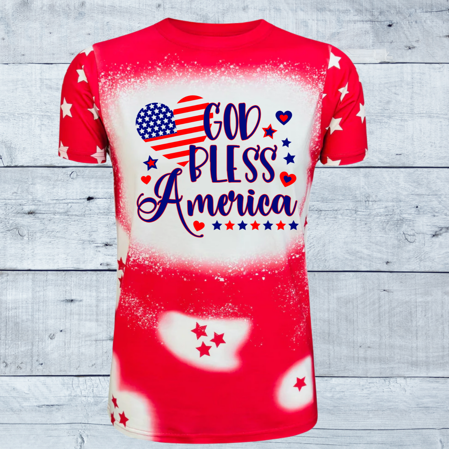 Celebrate the spirit of America with our stunning "God Bless America Stars Faux Bleached Tee," available in bold red or deep blue. This shirt is more than just a piece of clothing; it's a patriotic statement designed to evoke pride and admiration for our great nation