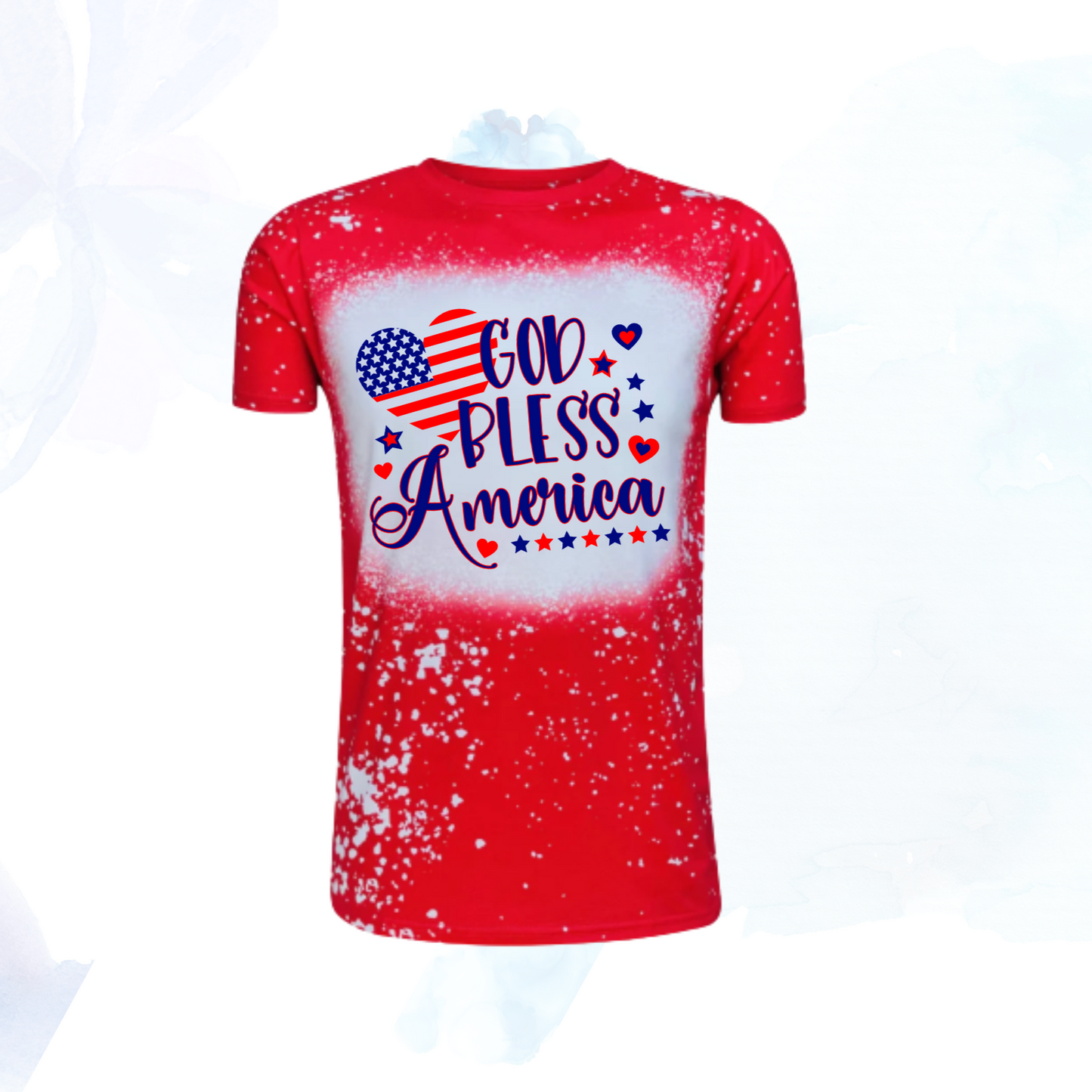 Celebrate the spirit of America with our exclusive God Bless America Faux Bleached Tee, featuring a striking American flag design in the shape of a heart. Crafted to embody patriotism and style, this tee is a must-have for every proud American.