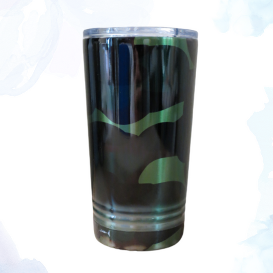Discover the perfect blend of rugged style and practical functionality with our 16 oz. Camo stainless steel tumbler.  Crafted from premium stainless steel, this tumbler is built to withstand the demands of both indoor and outdoor adventures. Its camouflage pattern adds a touch of rugged charm, making it an ideal companion for camping trips, hiking excursions, or daily commutes.