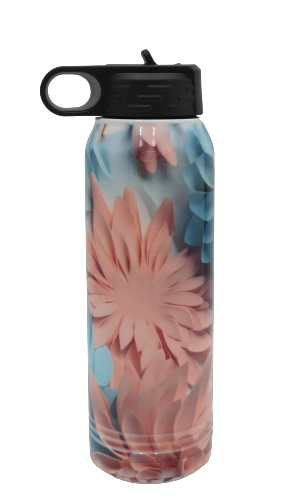 30 oz. Water Bottle - Stainless Steel - 3D Pink/Blue Flowers