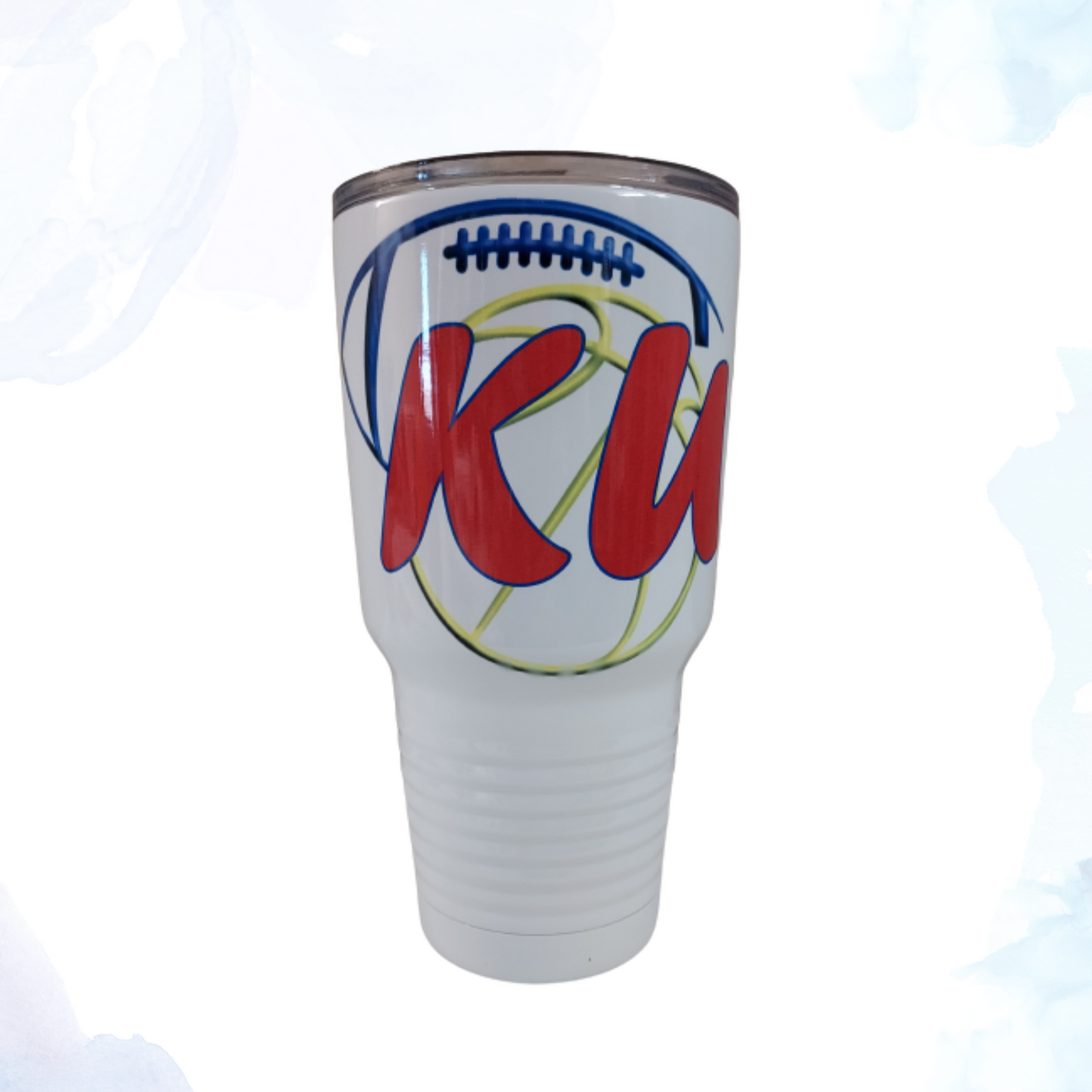 Introducing the ultimate beverage companion for die-hard Kansas Jayhawks fans – the White 30 oz. KU Basketball and Football Stainless Steel Tumbler. This premium tumbler is designed to keep your drinks at the perfect temperature, whether you're enjoying a hot coffee during a chilly game day morning or a refreshing cold beverage on a sunny tailgate afternoon.