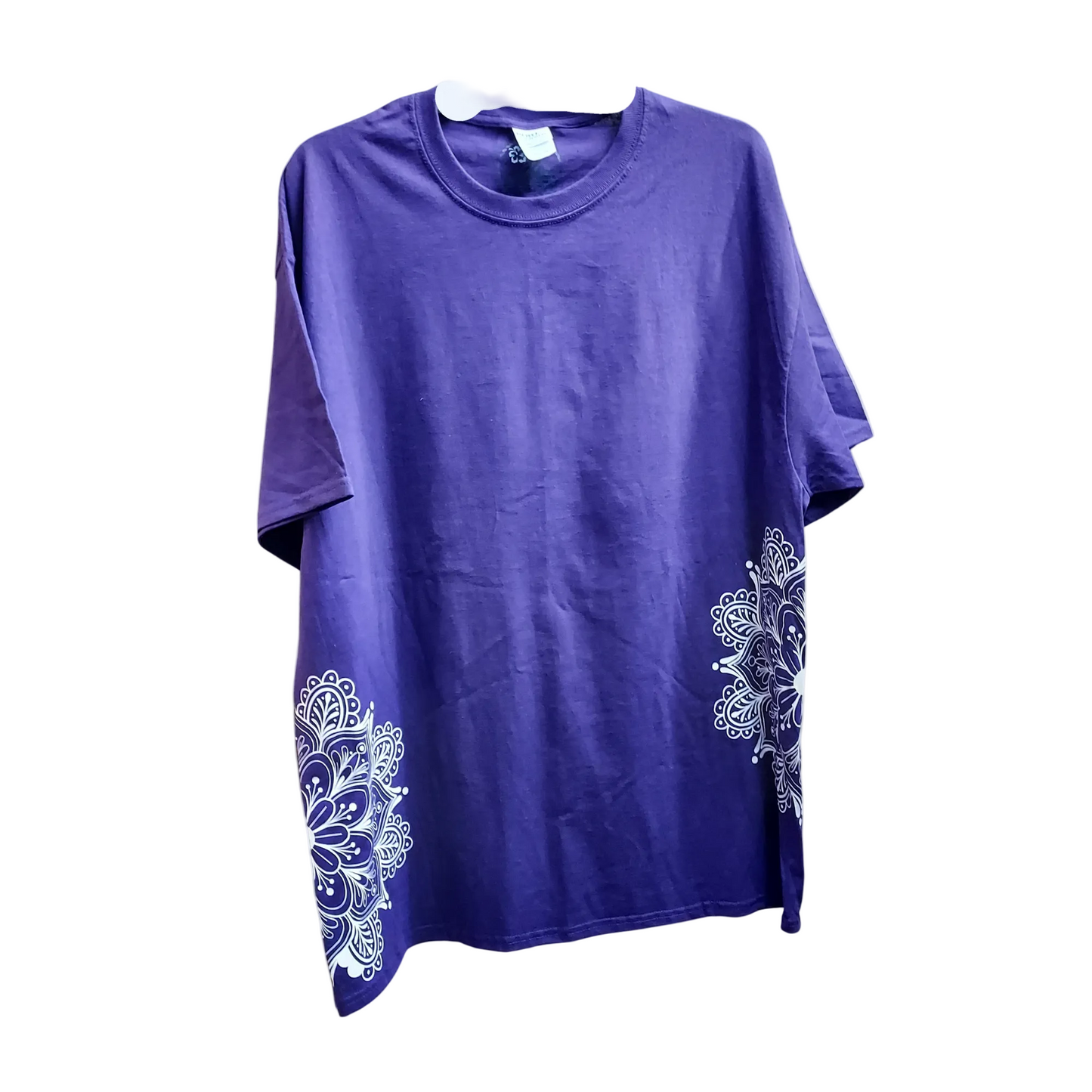 Purple t-shirt with white Mandela on both sides below sleeves.