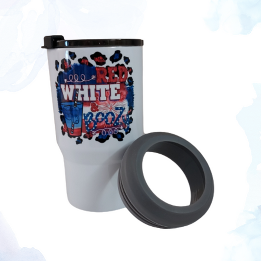 Introducing the Red, White & Boozy 11 oz. White Stainless Steel Bottle Holder – the ultimate accessory for beverage enthusiasts.   This sleek, durable bottle holder is designed to keep your glass bottles securely in place while maintaining your drink at the perfect temperature. Crafted from high-quality stainless steel with a pristine white finish, it offers both style and functionality.