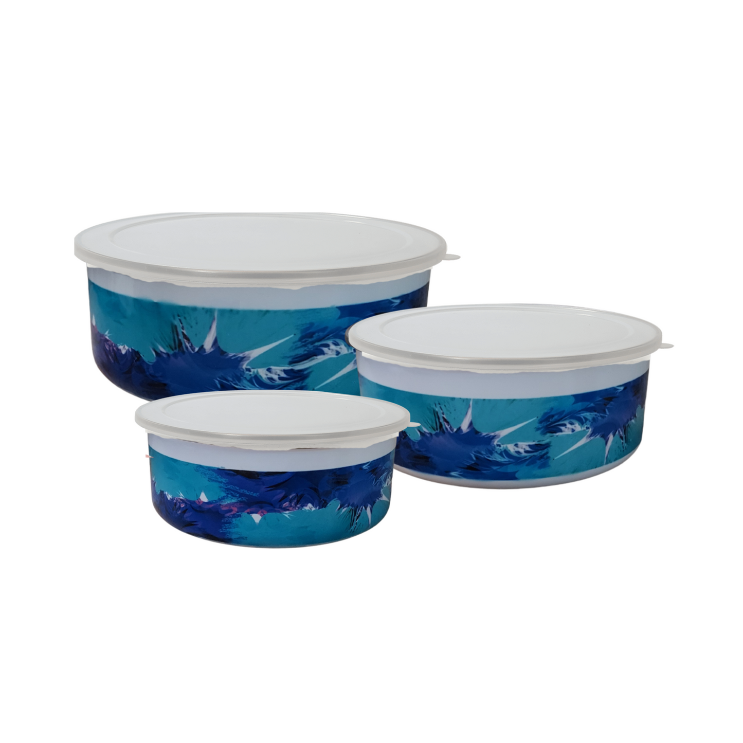 Discover elegance and practicality in our Blue Abstract Enamel Bowl Set with Lids. Perfect for adding a touch of style to your kitchen, this set includes three beautifully crafted enamel bowls in varying sizes: A 24 oz. bowl, ideal for snacks or small servings. A 34 oz. bowl, perfect for salads or individual meals. A 50 oz. bowl, great for larger portions or serving dishes.