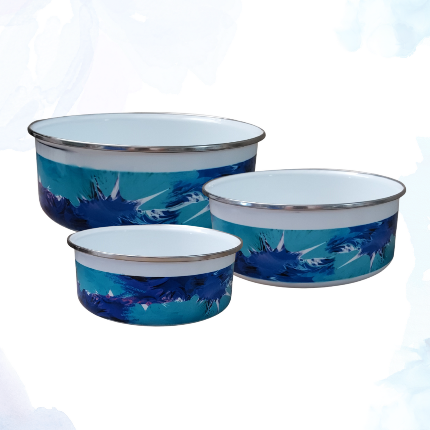 Discover elegance and practicality in our Blue Abstract Enamel Bowl Set with Lids. Perfect for adding a touch of style to your kitchen, this set includes three beautifully crafted enamel bowls in varying sizes: A 24 oz. bowl, ideal for snacks or small servings. A 34 oz. bowl, perfect for salads or individual meals. A 50 oz. bowl, great for larger portions or serving dishes.