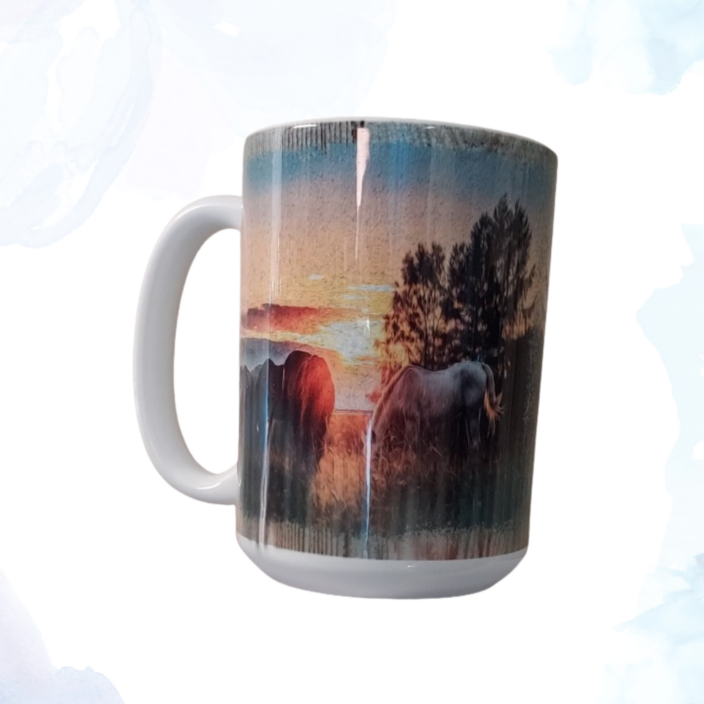 Start your day with a touch of equestrian elegance with our Horses 15 oz. Ceramic Mug. This beautifully crafted mug features a stunning design that captures the grace and power of horses, making it a perfect addition to any horse lover's collection. Made from high-quality ceramic, it ensures durability and a comfortable grip, while its generous 15 oz. capacity is ideal for your morning coffee, tea, or any favorite beverage.