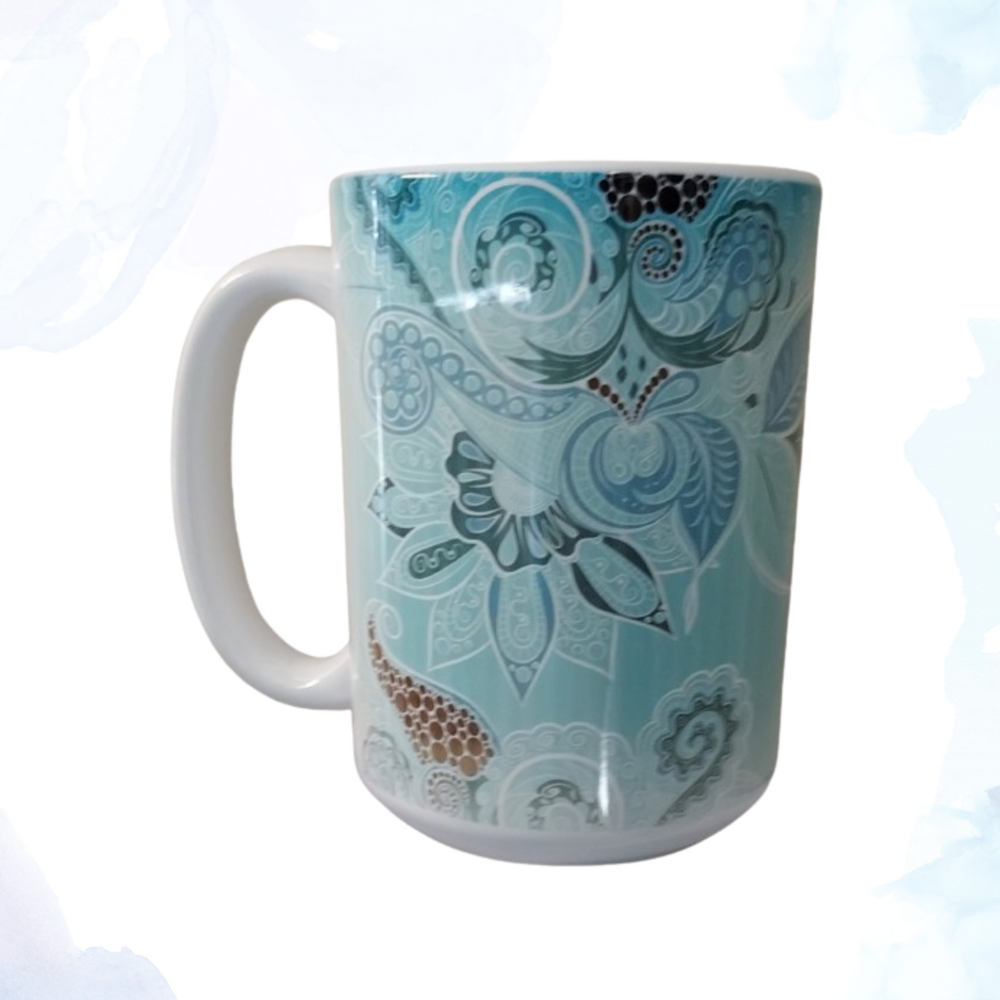 Elevate your morning routine with our 15 oz. Turquoise Bohemian Design Ceramic Mug. A perfect blend of style and functionality. This beautifully crafted mug features a vibrant turquoise glaze adorned with intricate bohemian patterns, making it a standout piece in any kitchen or office. The generous 15 oz. capacity is ideal for your morning coffee, afternoon tea, or any beverage you prefer.