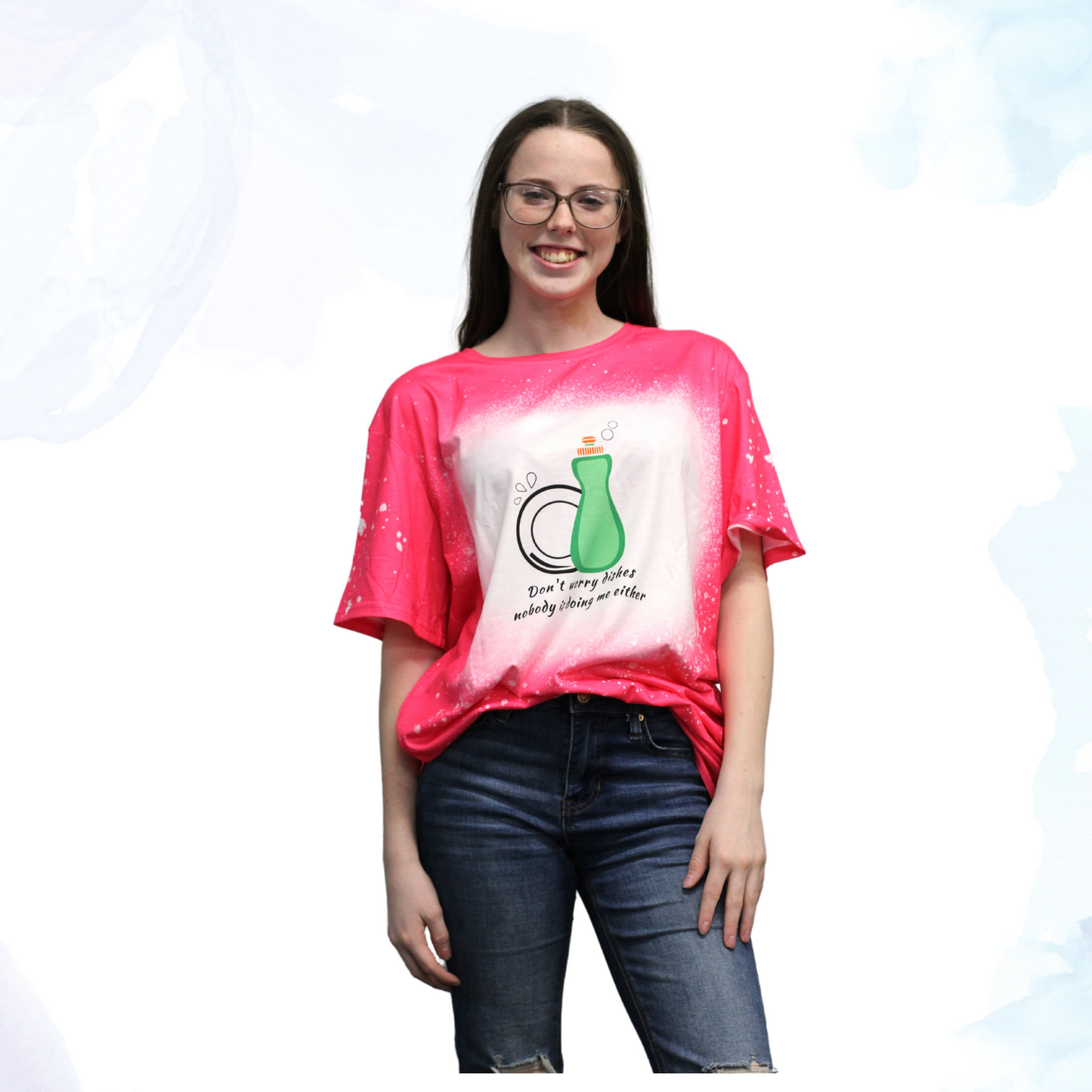Uncertain about doing the dishes? Don't worry - with this soft, comfy t-shirt you won't have to shell out any sort of effort at all! Our vibrant bright pink faux bleached tee featuring the cheeky "Don't Worry Dishes Nobody Is Doing Me Either" —a must-have for those who appreciate a touch of humor and style in their wardrobe. This tee isn't just about looks; it's crafted for comfort and durability, using high-quality materials that ensure a soft feel against your skin and long-lasting wear