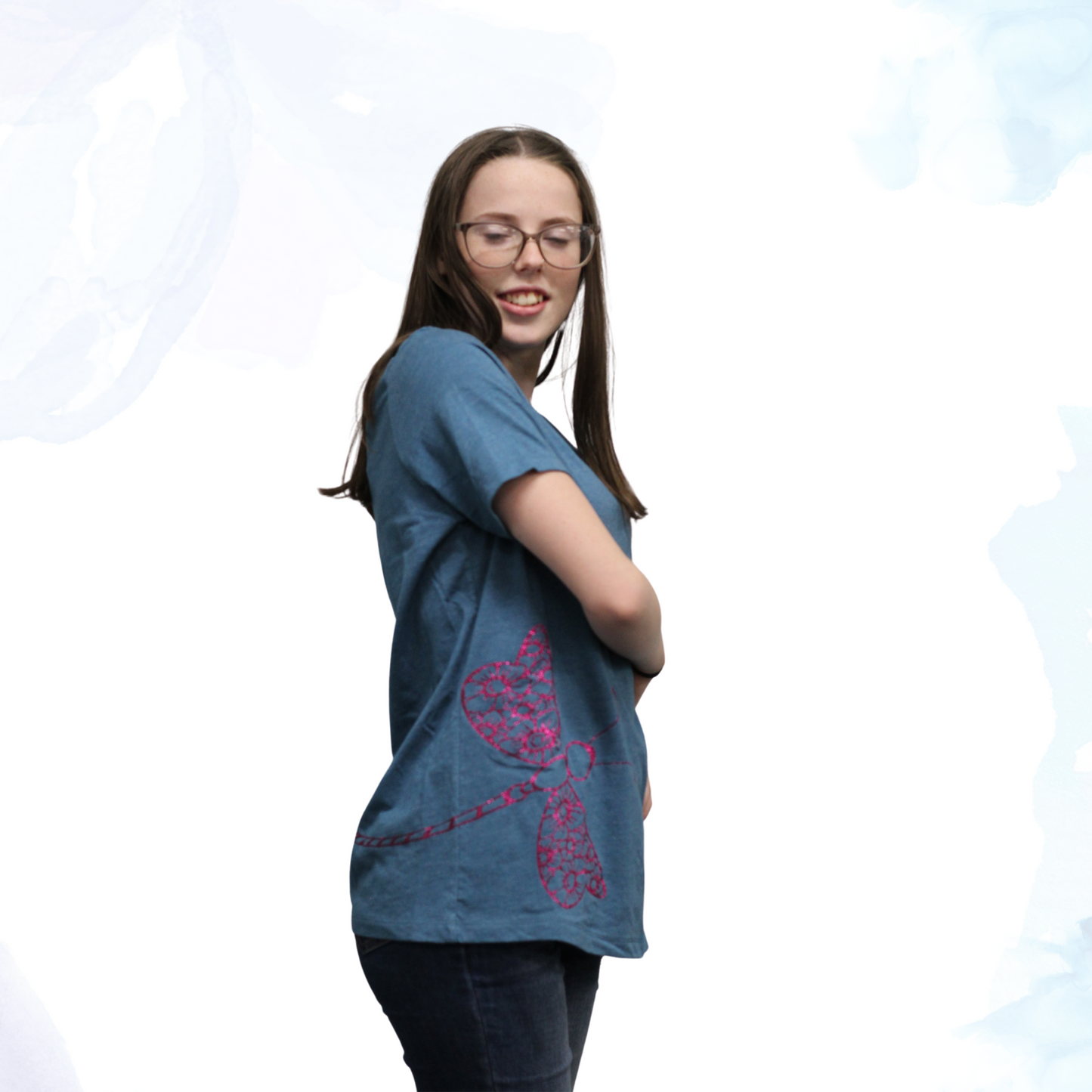Our enchanting Deep Pink Sparkly Dragonfly on Heather Deep Teal Tee, where nature meets shimmering style. Embrace the allure of the dragonfly, symbolizing transformation and grace, beautifully captured in deep pink hues that sparkle with every move.