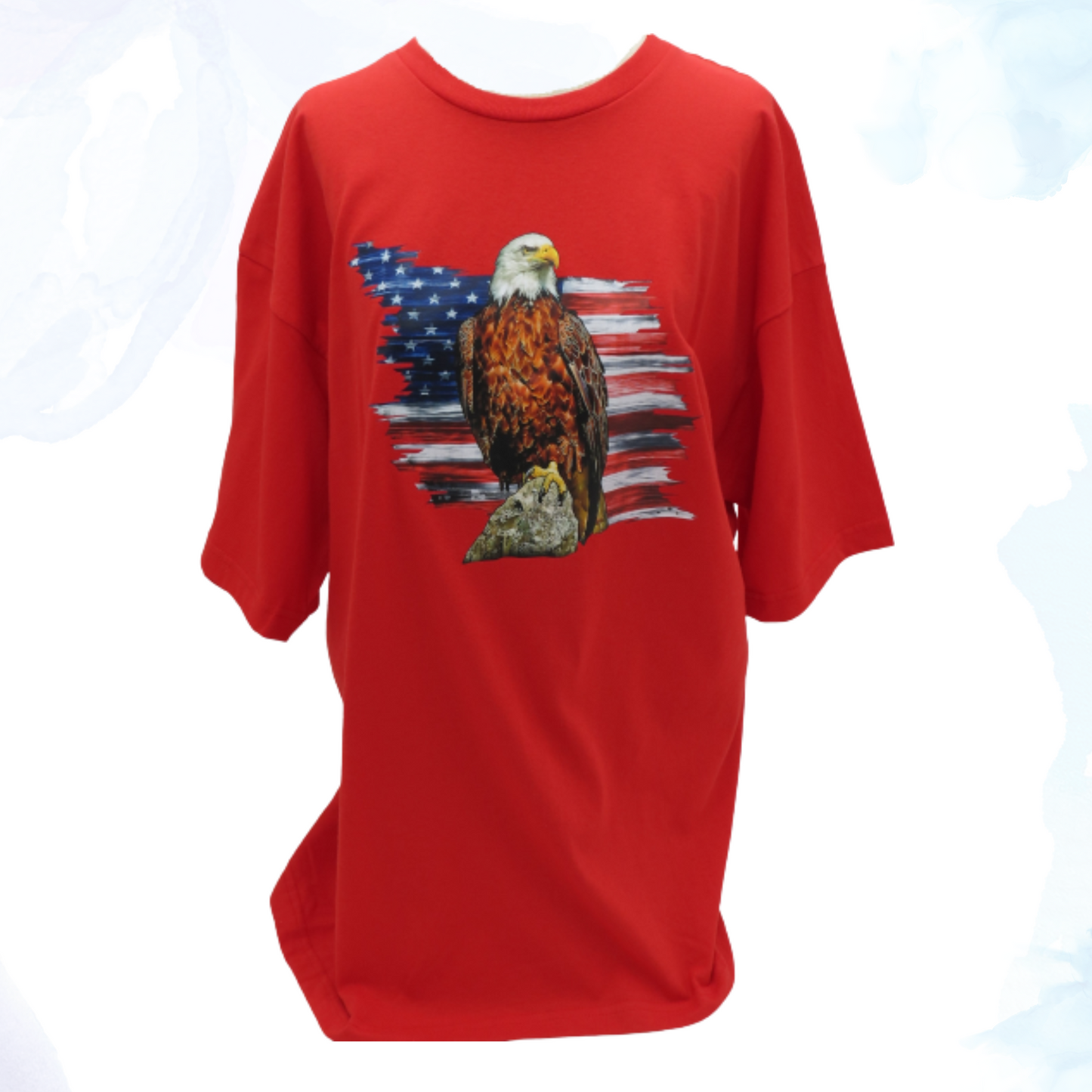 Our striking Red Eagle T-Shirt, a bold statement piece that embodies patriotism and style. Crafted from premium cotton, this t-shirt combines comfort with a powerful design featuring a majestic eagle poised before a partial American flag backdrop.