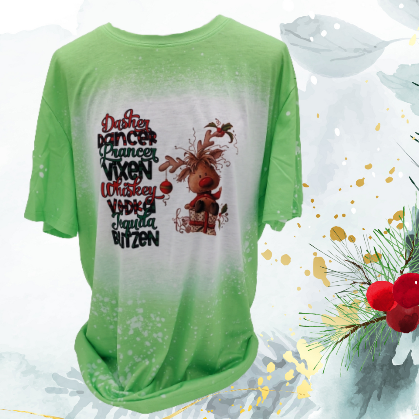 Christmas is a time for fun, parties and celebrating. You will be in the holiday spirit with this fun holiday themed faux bleached t-shirt. Introducing the "Dasher, Dancer, Prancer, Vixen, Whiskey, Vodka, Tequila, Blitzen Faux Bleached Tee," where festive spirit meets modern style. This unique tee blends classic holiday cheer with contemporary fashion, making it a must-have for every celebration.