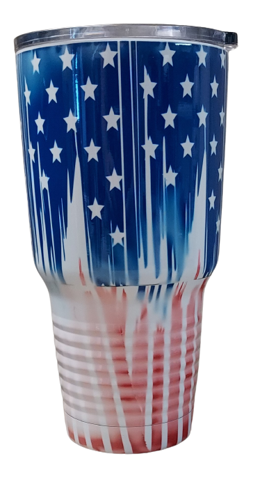 Introducing the Dripping American Flag 30 oz. Stainless Steel Tumbler—a perfect blend of patriotism and practicality.  This eye-catching tumbler features a bold design of the American flag with a unique dripping paint effect, symbolizing both the enduring spirit and dynamic nature of the nation. Crafted from high-quality stainless steel, this tumbler ensures durability and long-lasting use.