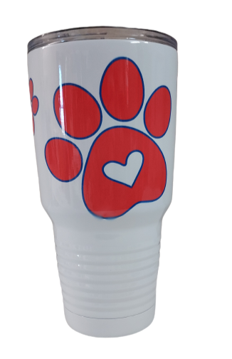 30 oz. Stainless Steel White Tumbler - Red/Blue Heart Dog Paws