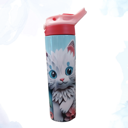 A 20 oz stainless steel water bottle featuring a 3D cat design. This unique bottle showcases a three-dimensional cat image, adding a playful and artistic touch. Made from durable stainless steel, it keeps beverages cold or hot for extended periods. Perfect for cat lovers to carry their drinks while showcasing their love for felines in style.