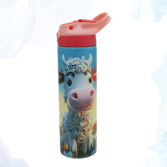 A 20 oz stainless steel water bottle featuring a 3D cow design. This distinctive bottle showcases a three-dimensional cow image, adding a whimsical and charming touch. Made from durable stainless steel, it keeps beverages cold or hot for extended periods. Ideal for animal enthusiasts to carry their drinks while expressing their fondness for cows in a stylish manner.