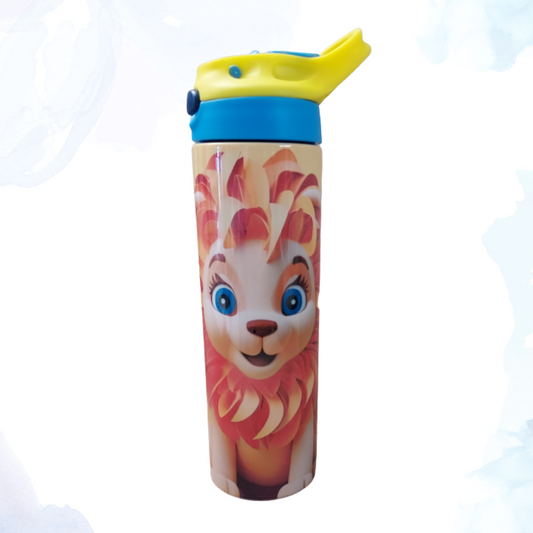 A 20 oz stainless steel water bottle featuring a 3D lion design. This striking bottle showcases a three-dimensional image of a lion, adding a majestic and powerful touch. Made from durable stainless steel, it keeps beverages cold or hot for extended periods. Perfect for wildlife enthusiasts to carry their drinks while showcasing their admiration for lions in a stylish and practical manner.