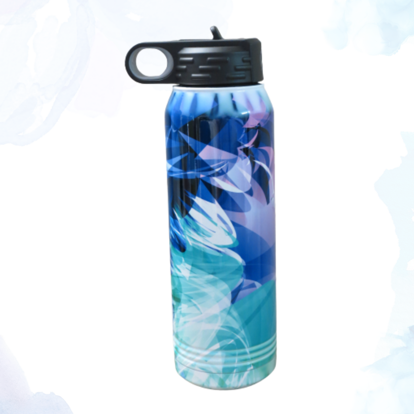 Imagine a sleek 30 oz. stainless steel water bottle adorned with a mesmerizing abstract design in shades of blue, purple, and aqua.  Waves of color swirl gracefully around the bottle, blending seamlessly into each other like a tranquil ocean meeting a twilight sky.