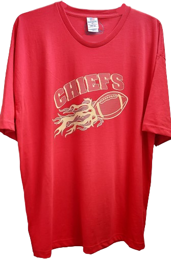 Emblazoned across the front is a bold, flaming football graphic, symbolizing the intensity and spirit of the sport.  The striking design is complemented by the iconic Chiefs logo, proudly displayed to showcase your allegiance to one of the NFL's most storied franchises.  Made from high-quality cotton blend fabric, our t-shirt ensures comfort throughout the day, whether you're cheering from the stands or relaxing with friends.