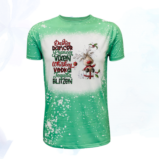 Christmas is a time for fun, parties and celebrating. You will be in the holiday spirit with this fun holiday themed faux bleached t-shirt.&nbsp;  Introducing the "Dasher, Dancer, Prancer, Vixen, Whiskey, Vodka, Tequila, Blitzen Faux Bleached Tee," where festive spirit meets modern style. This unique tee blends classic holiday cheer with contemporary fashion, making it a must-have for every celebration.