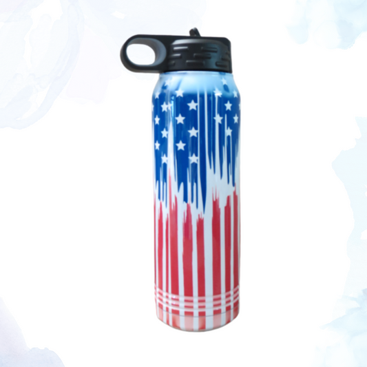 Imagine a striking symbol of patriotism and functionality fused into one stunning design: the Dripping American Flag 30 oz. Stainless Steel Water Bottle. Crafted with durability and style in mind, this water bottle features a unique artistic rendition of the American flag, where the colors drip and blend seamlessly against a sleek stainless steel backdrop.