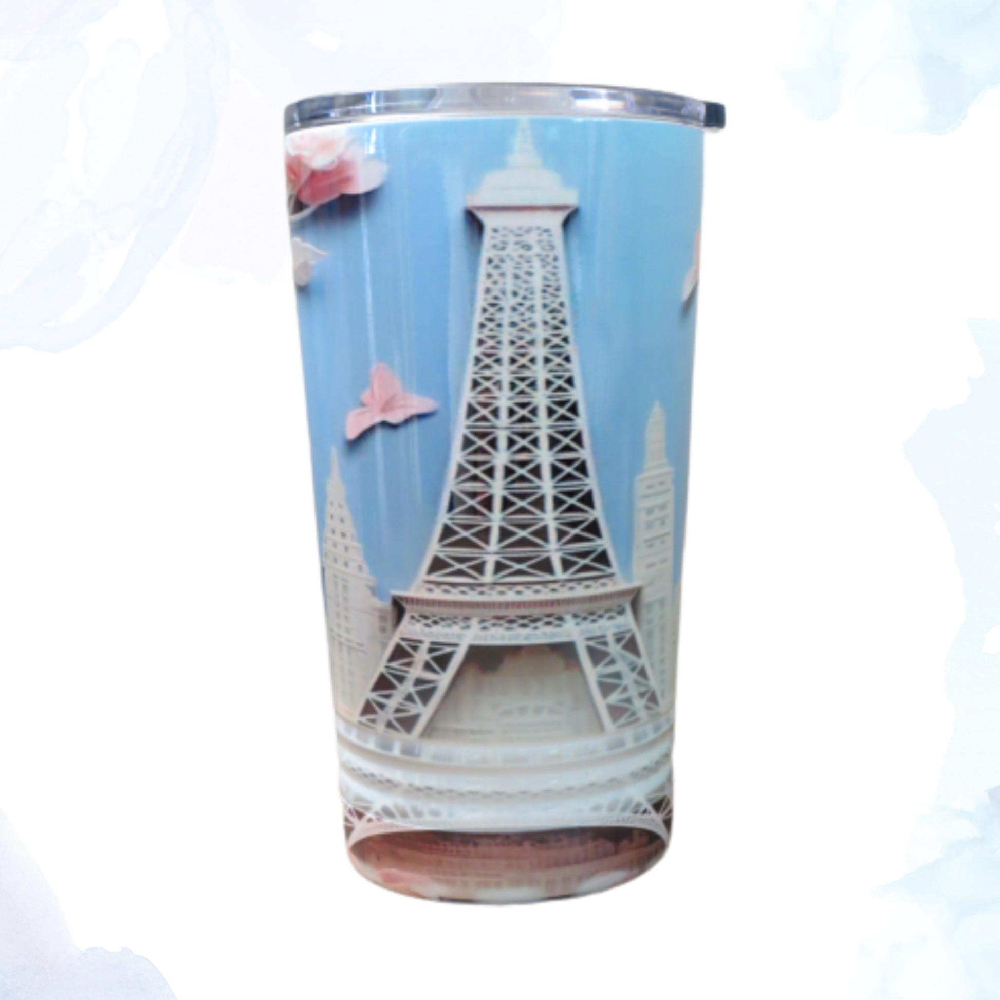 A 16 oz. stainless steel tumbler featuring a stylish design of the Eiffel Tower. This elegant tumbler showcases the iconic Parisian landmark in intricate detail. Made from durable stainless steel, it keeps beverages hot or cold for extended periods. Perfect for bringing a touch of Parisian charm to your daily routine while enjoying drinks on the go.