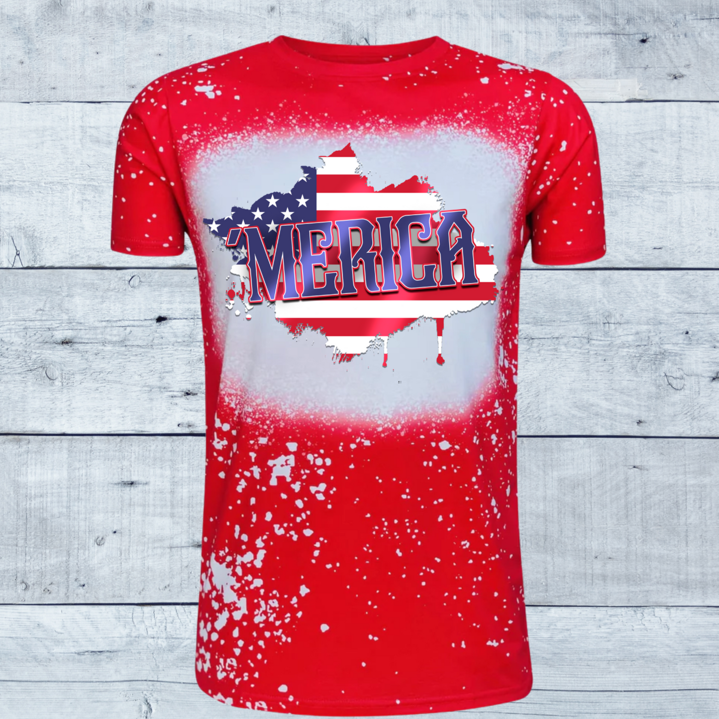 "Image: A vibrant red t-shirt featuring a bold, faux bleached 'Merica graphic. The design showcases a distressed American flag motif, with stars and stripes arranged in a dynamic, eye-catching pattern. The colors are rich and saturated against the red background, evoking a sense of patriotic pride. The faux bleached effect adds depth and texture to the overall design, giving it a unique and edgy look."