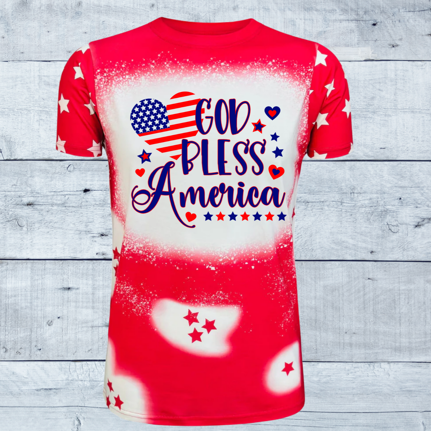 Celebrate the spirit of America with our stunning "God Bless America Stars Faux Bleached Tee," available in bold red or deep blue.  This shirt is more than just a piece of clothing; it's a patriotic statement designed to evoke pride and admiration for our great nation