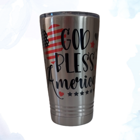 Durable Stainless Steel Construction: Crafted from premium stainless steel, this tumbler is designed to withstand daily use while maintaining its sleek appearance. Double-Wall Insulation: Keep your drinks at the perfect temperature for longer. Whether it's hot coffee in the morning or a refreshing iced tea in the afternoon, this tumbler has you covered. Patriotic Design: Adorned with a vibrant "God Bless America" design, this tumbler showcases your love for the country in a stylish and meaningful way.