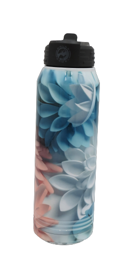 30 oz. Water Bottle - Stainless Steel - 3D Pink/Blue Flowers