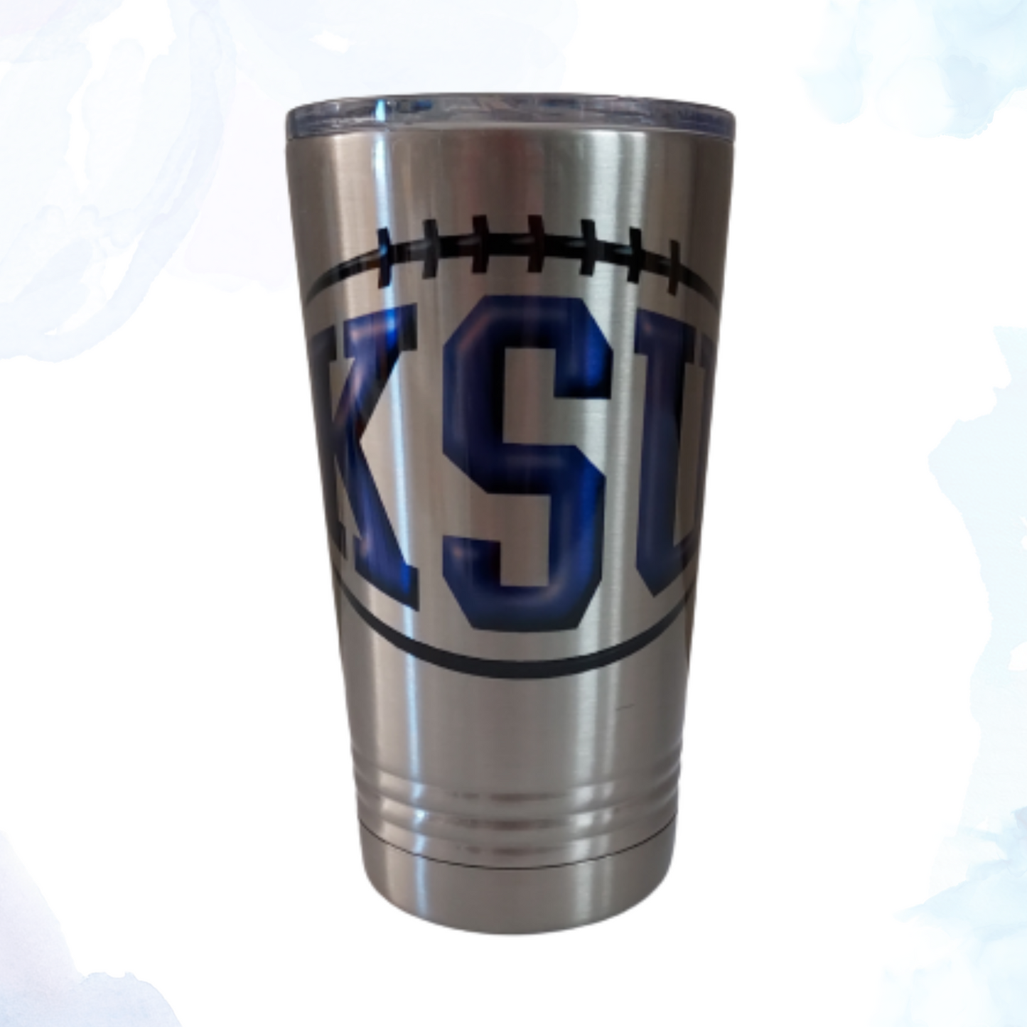 A 16 oz. stainless steel tumbler featuring a KSU football design. This sporty tumbler showcases the KSU football logo and team colors, celebrating team spirit. Made from durable stainless steel, it keeps beverages hot or cold for extended periods. Perfect for KSU football fans to enjoy their favorite drinks while supporting their team on the go.