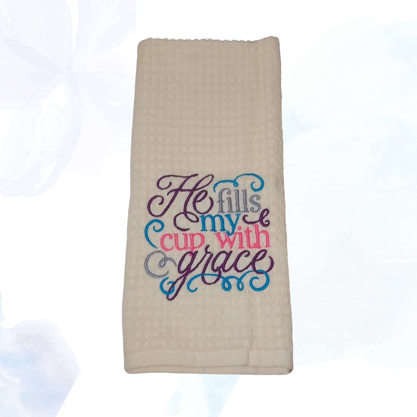 He Fills My Cup With Grace Embroidered Towel