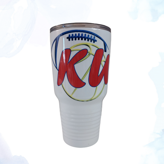 Introducing the ultimate beverage companion for die-hard Kansas Jayhawks fans – the White 30 oz. KU Basketball and Football Stainless Steel Tumbler.  This premium tumbler is designed to keep your drinks at the perfect temperature, whether you're enjoying a hot coffee during a chilly game day morning or a refreshing cold beverage on a sunny tailgate afternoon.