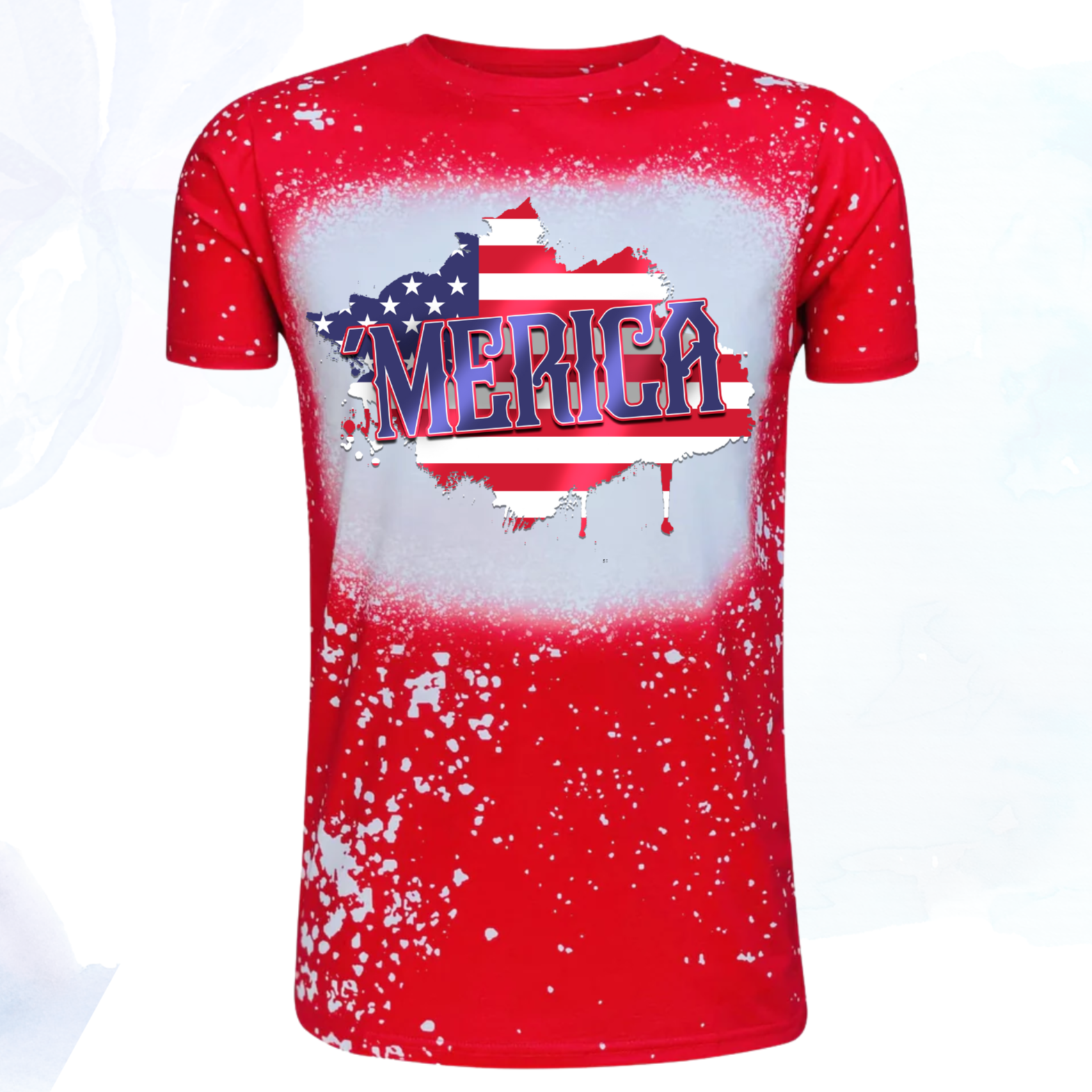 A red t-shirt with a stylish faux bleached design, featuring the word "'Merica" in bold white letters across the chest. This trendy tee combines comfort and patriotism, making it ideal for casual wear or patriotic celebrations. The unique bleached effect adds a fashionable touch to this eye-catching shirt.