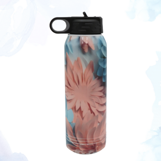 Introducing the 30 oz. 3D Pink and Blue Flowered Stainless Steel Water Bottle, your perfect companion for staying hydrated in style.  Crafted with durability and aesthetics in mind, this water bottle combines functionality with an eye-catching design.