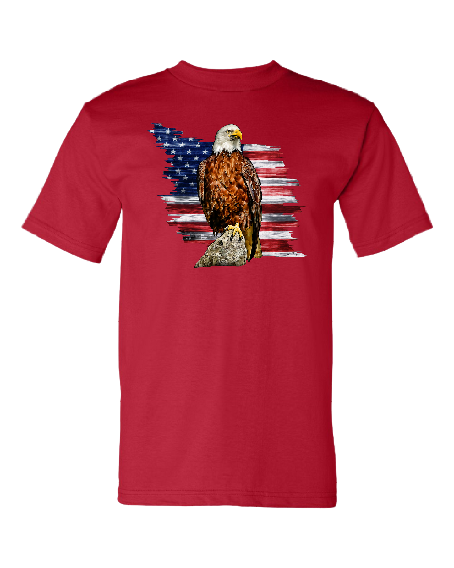 Our striking Red Eagle T-Shirt, a bold statement piece that embodies patriotism and style.  Crafted from premium cotton, this t-shirt combines comfort with a powerful design featuring a majestic eagle poised before a partial American flag backdrop.