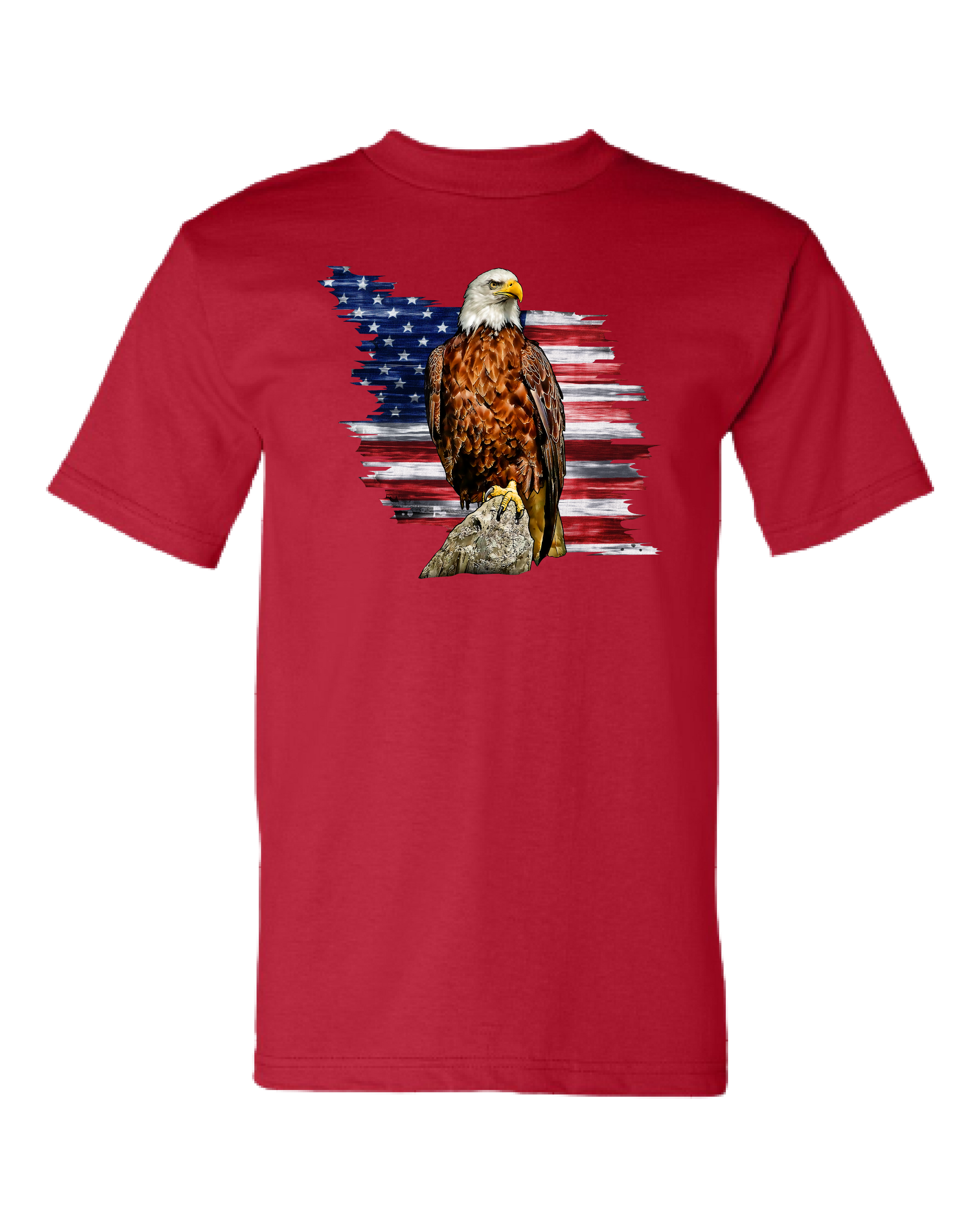 Our striking Red Eagle T-Shirt, a bold statement piece that embodies patriotism and style.  Crafted from premium cotton, this t-shirt combines comfort with a powerful design featuring a majestic eagle poised before a partial American flag backdrop.