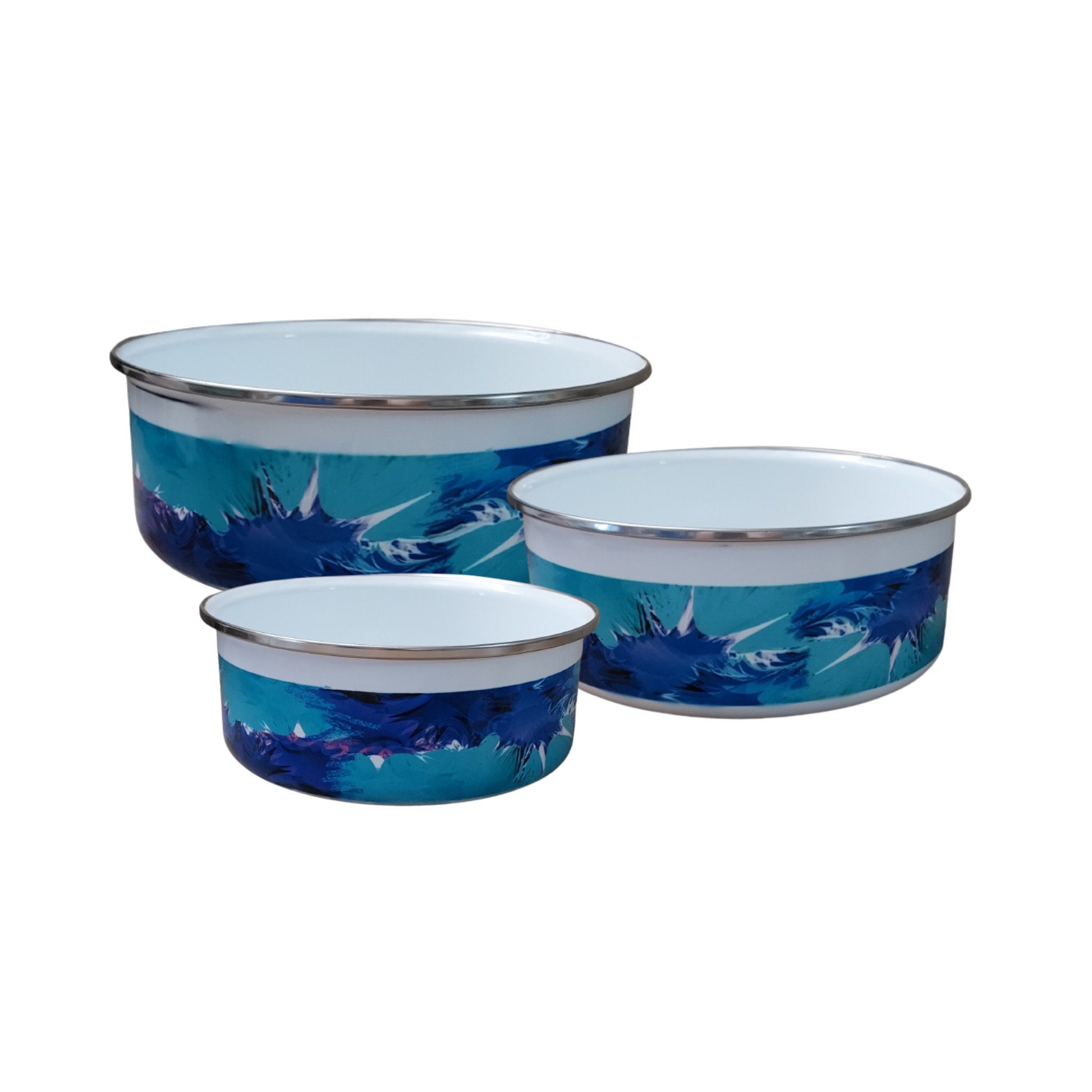 Discover elegance and practicality in our Blue Abstract Enamel Bowl Set with Lids.  &nbsp;Perfect for adding a touch of style to your kitchen, this set includes three beautifully crafted enamel bowls in varying sizes:  A 24 oz. bowl, ideal for snacks or small servings. A 34 oz. bowl, perfect for salads or individual meals. A 50 oz. bowl, great for larger portions or serving dishes.