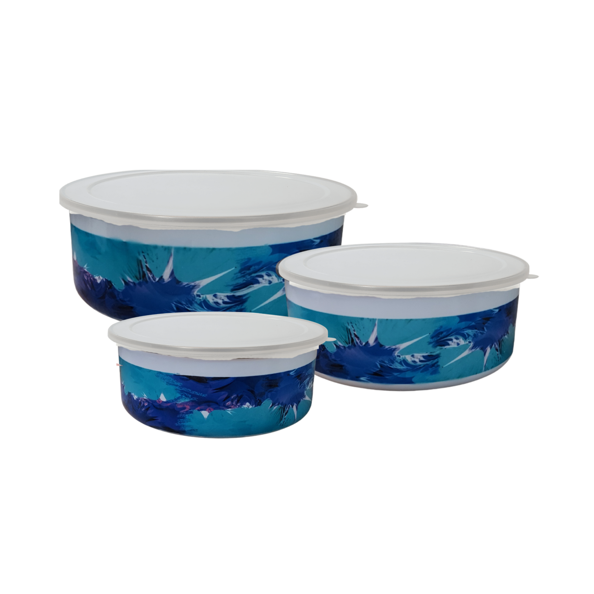 Discover elegance and practicality in our Blue Abstract Enamel Bowl Set with Lids.  &nbsp;Perfect for adding a touch of style to your kitchen, this set includes three beautifully crafted enamel bowls in varying sizes:  A 24 oz. bowl, ideal for snacks or small servings. A 34 oz. bowl, perfect for salads or individual meals. A 50 oz. bowl, great for larger portions or serving dishes.