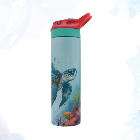 Make sure you never go thirsty on your next beach side adventure with this sea turtle stainless water bottle.  Dive into hydration with our 20 oz. Sea Turtle Stainless Steel Water Bottle. Designed for eco-conscious adventurers and sea life enthusiasts, this bottle combines functionality with a purpose.