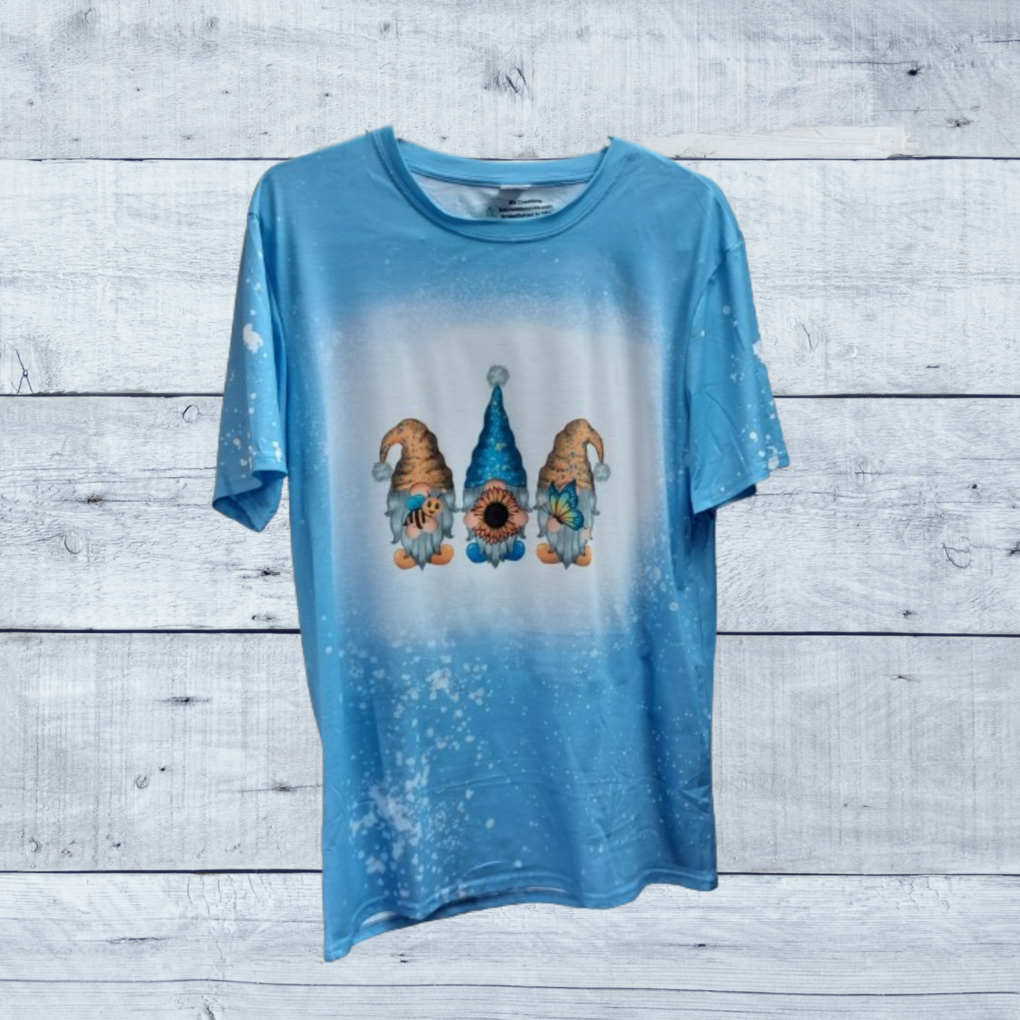 Sunflower, Bee, Butterfly Gnome Carolina Blue Faux Bleached Tee