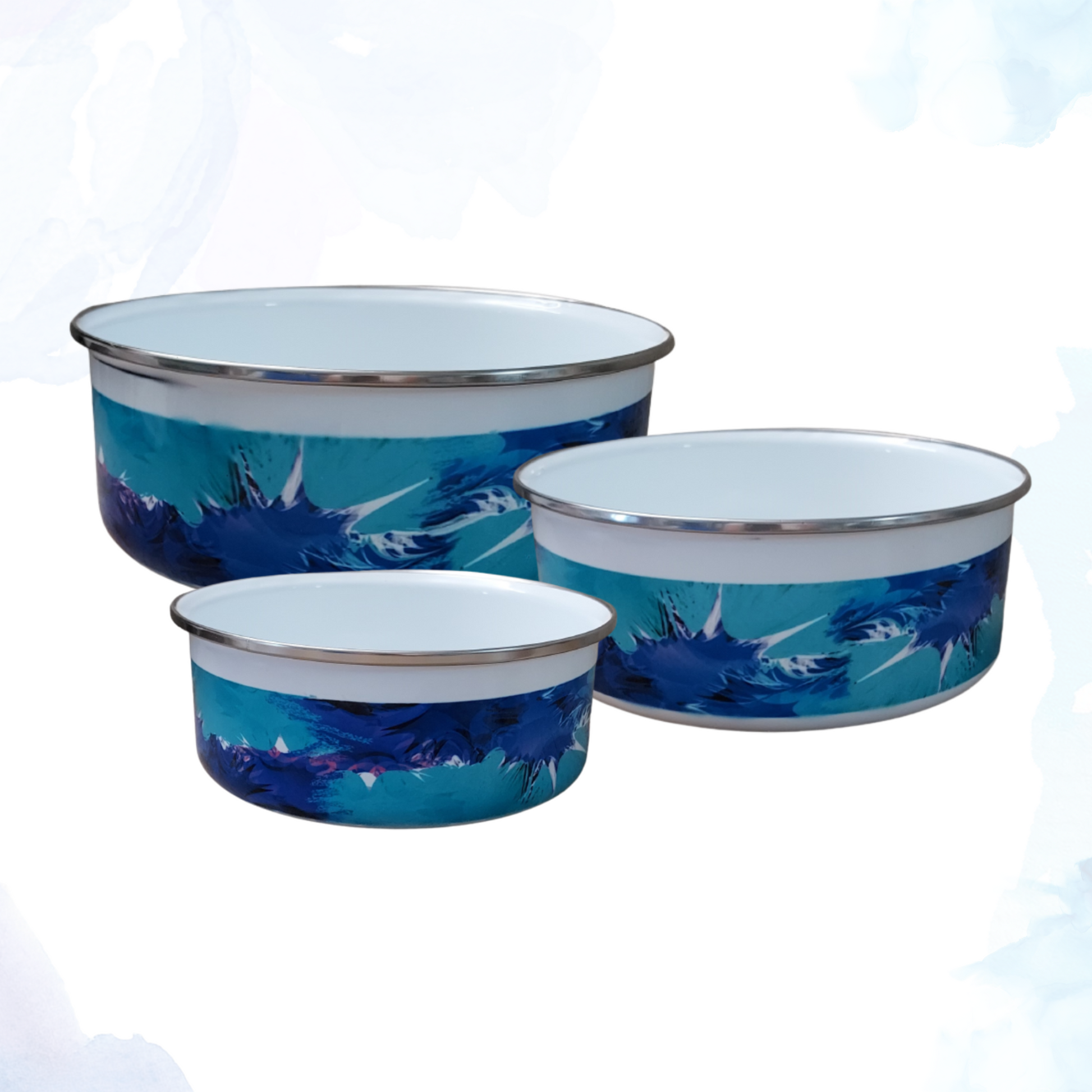 Discover elegance and practicality in our Blue Abstract Enamel Bowl Set with Lids.  &nbsp;Perfect for adding a touch of style to your kitchen, this set includes three beautifully crafted enamel bowls in varying sizes:  A 24 oz. bowl, ideal for snacks or small servings. A 34 oz. bowl, perfect for salads or individual meals. A 50 oz. bowl, great for larger portions or serving dishes.