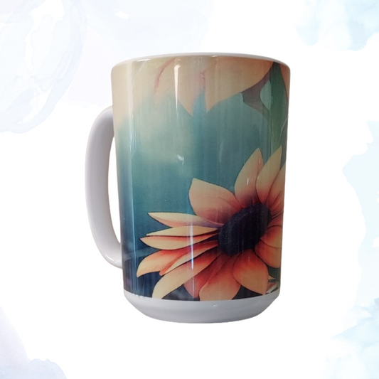 Brighten up your mornings with our 15 oz. Large Sunflower Ceramic Mug.  &nbsp;This charming mug features a vibrant, detailed sunflower design that wraps around its sturdy ceramic body, bringing a touch of sunshine to every sip. Perfect for coffee, tea, or your favorite hot beverage, this generously sized mug offers ample capacity to keep you fueled throughout the day.