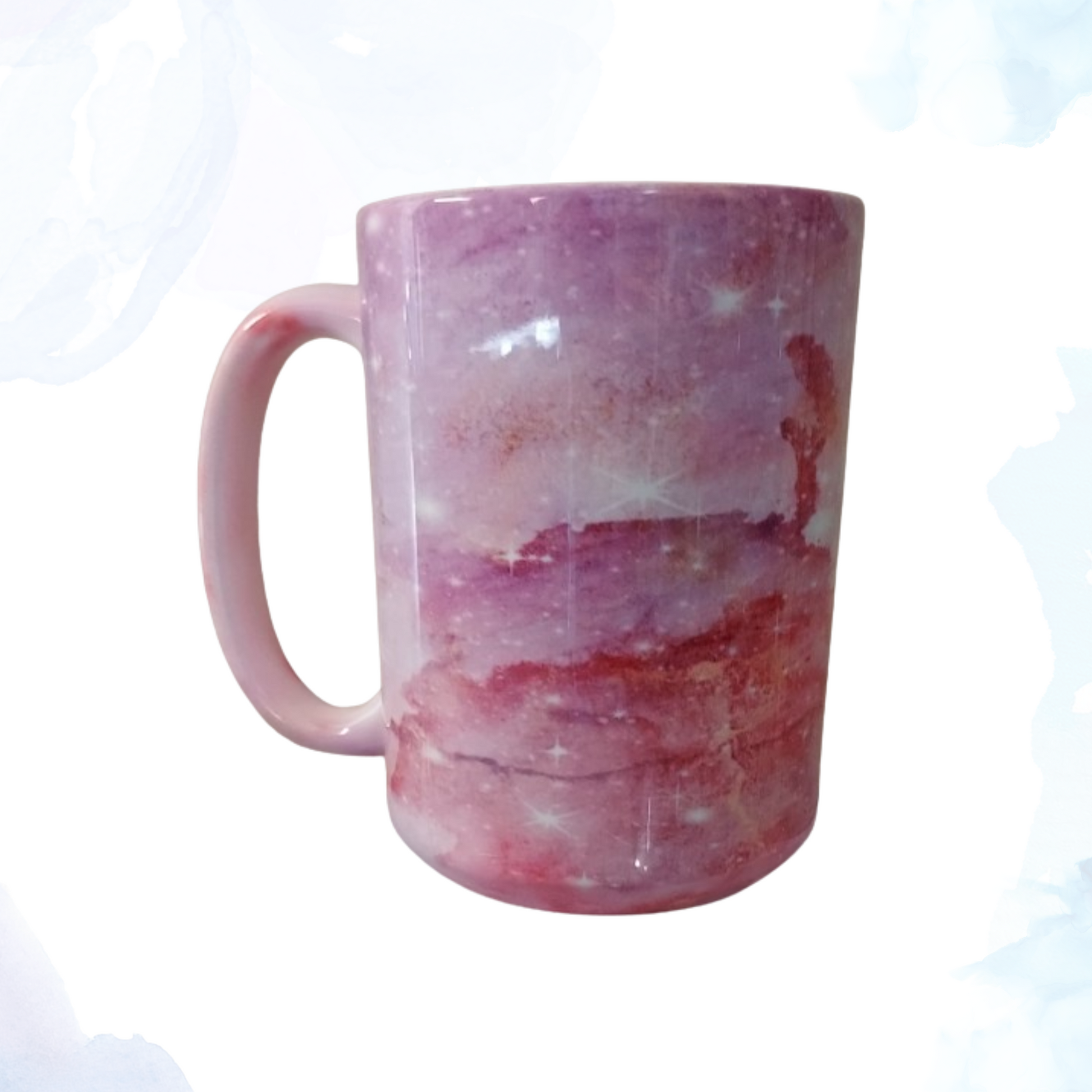 Elevate your coffee or tea experience with our 15 oz. Pink Shimmer Ceramic Mug.  This exquisite mug is designed to bring a touch of elegance and sparkle to your daily routine.