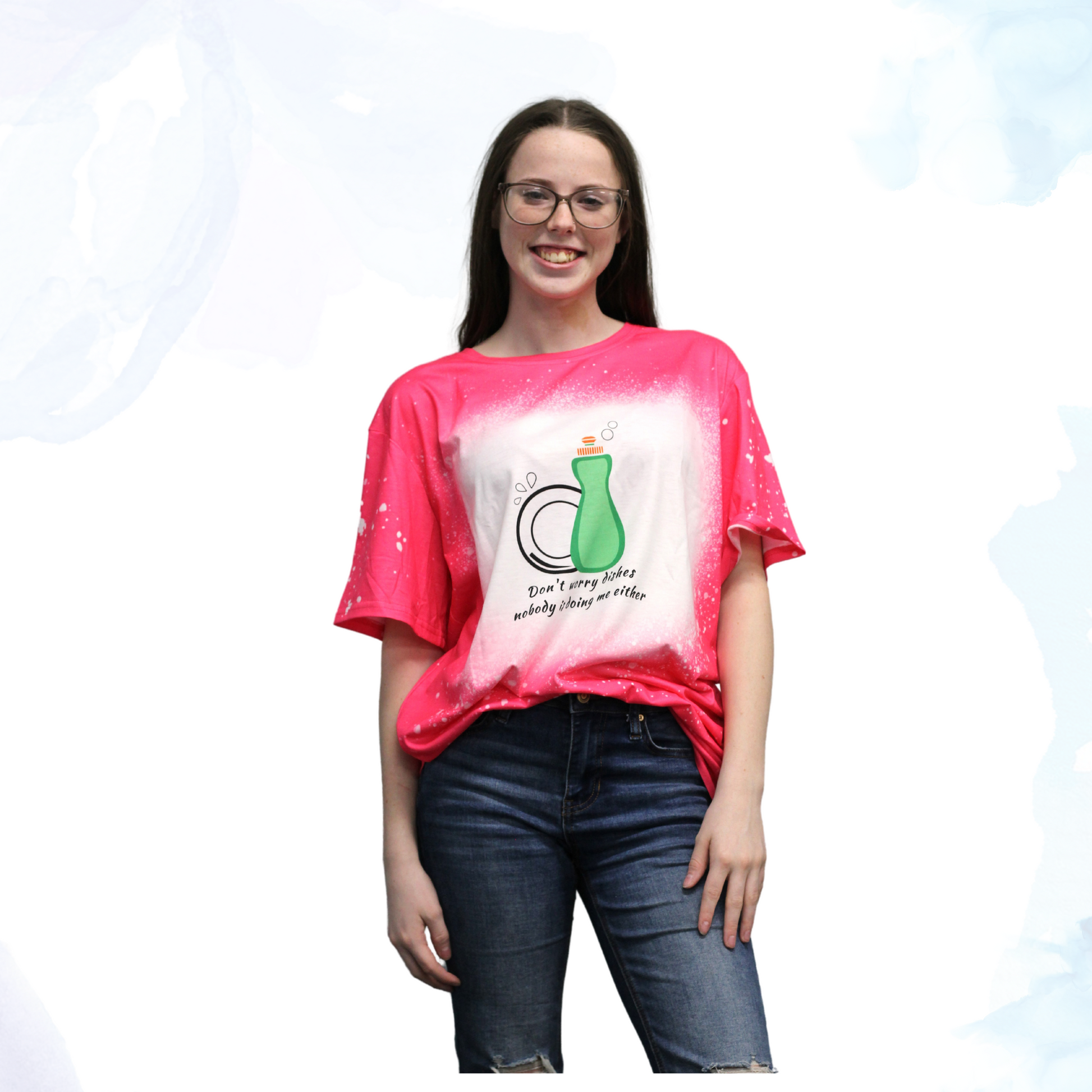 Uncertain about doing the dishes? Don't worry - with this soft, comfy t-shirt you won't have to shell out any sort of effort at all!  Our vibrant bright pink faux bleached tee featuring the cheeky "Don't Worry Dishes Nobody Is Doing Me Either" —a must-have for those who appreciate a touch of humor and style in their wardrobe. This tee isn't just about looks; it's crafted for comfort and durability, using high-quality materials that ensure a soft feel against your skin and long-lasting wear