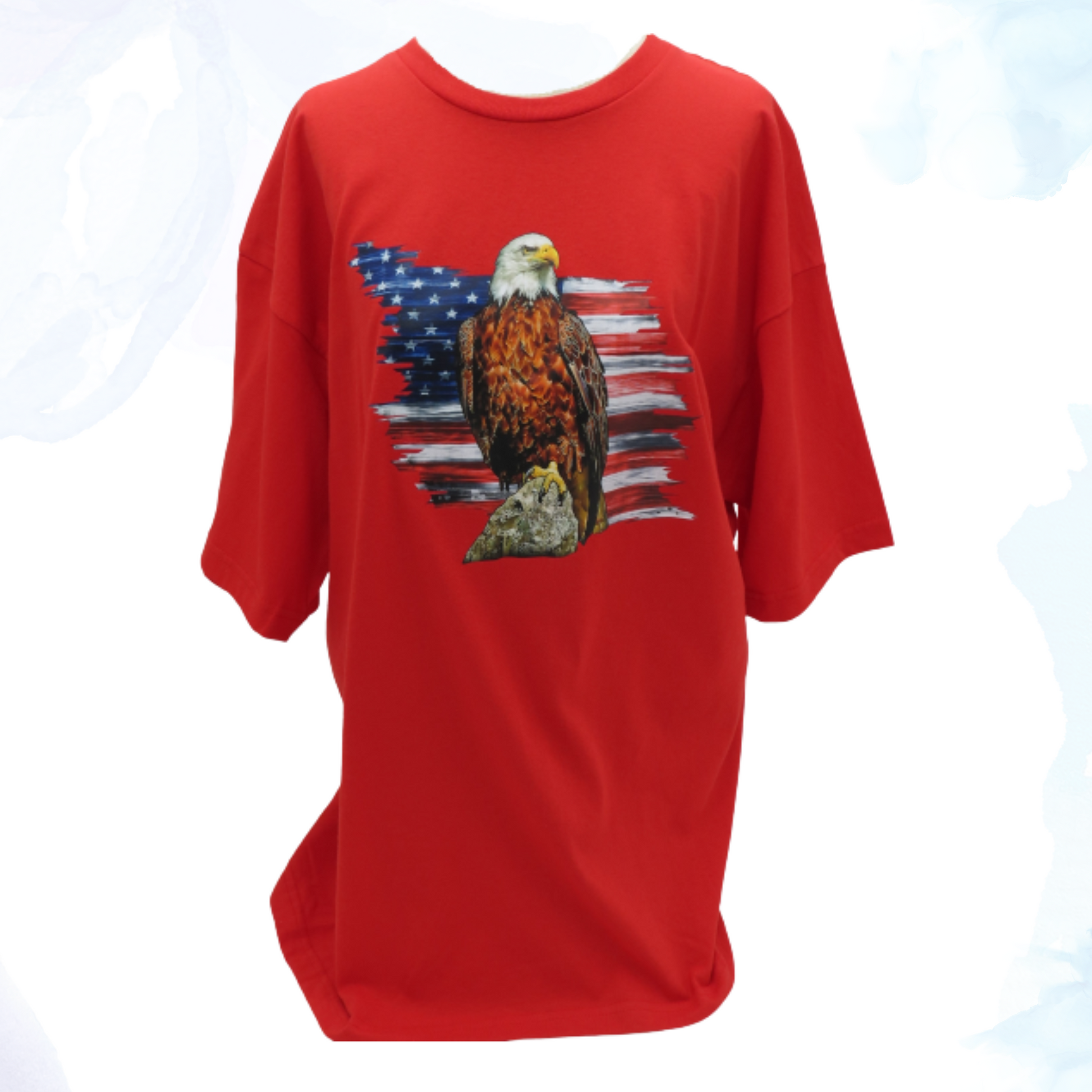 Our striking Red Eagle T-Shirt, a bold statement piece that embodies patriotism and style.  Crafted from premium cotton, this t-shirt combines comfort with a powerful design featuring a majestic eagle poised before a partial American flag backdrop.